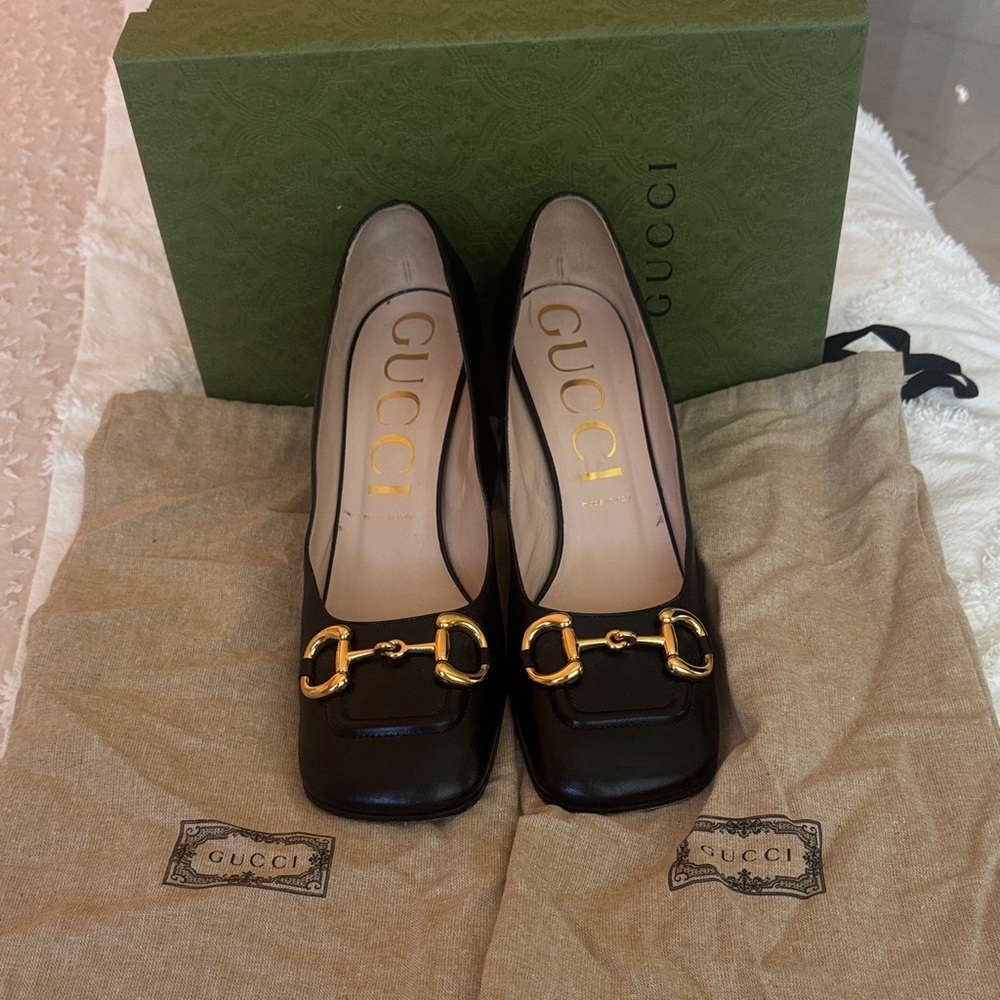 GUCCI Women's Horsebit Mid-Heel Pumps Leather Black Size 41 (11)